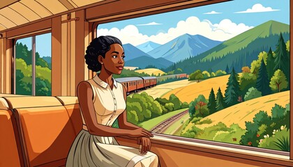 A Woman Gazes Out a Train Window at a Scenic Rural Landscape with Mountains and Fields