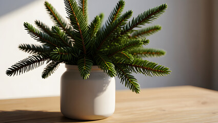 Obraz premium Close-up of Evergreen Branches in a White Pot on a Wooden Table with Sunlight pine Christmas tree