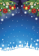 クリスマス背景、町並みシルエット、青、かわいい、イラスト、縦