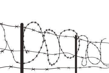 Barbed wire fence with sharp points stretched between posts against a white background