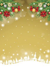 クリスマス背景、町並みシルエット、金、かわいい、イラスト、縦