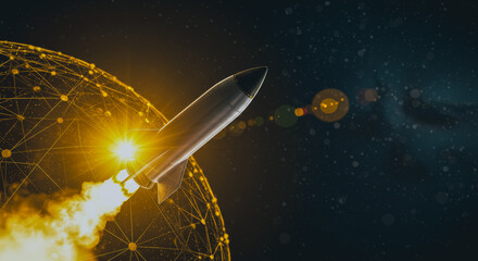 A futuristic rocket blasts off, symbolizing innovation, technological advancement, and the limitless possibilities of space exploration, set against a backdrop of the cosmos.