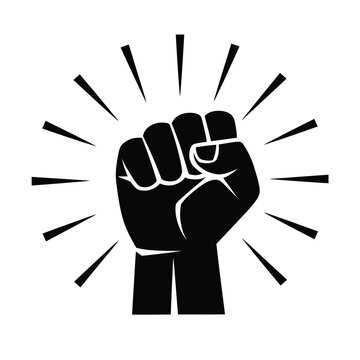 Powerful black fist raised upward with radiant sunburst symbolizing strength and resistance