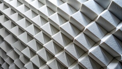 Textured surface of light grey acoustic foam panels arranged in a repetitive geometric pattern, designed for soundproofing and audio clarity in modern spaces, offering effective noise control