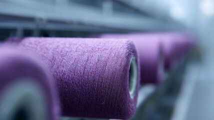 Purple yarn spool on textile weaving machine in factory, industrial production of fabric, close up detail showing smooth texture and modern manufacturing process