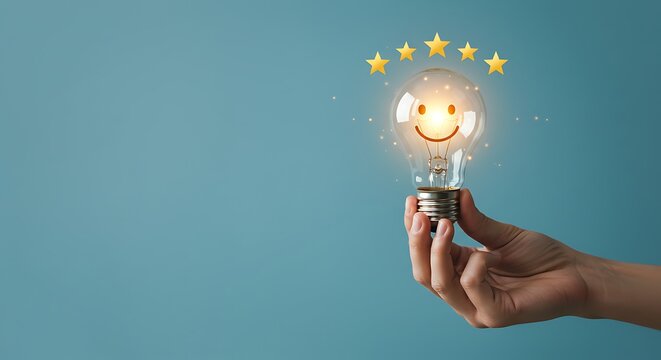 Hand holding a glowing light bulb with a smiling face and five golden stars, representing exceptional customer satisfaction, brilliant ideas, and top-tier quality feedback