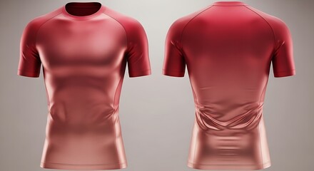 Front and back view of a red athletic compression shirt with short sleeves.