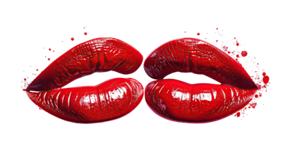 Glossy, red lips, semi-parted, on black with red splatter effects