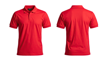 Front and back view of a red, short-sleeved polo shirt