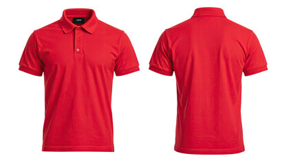 Bright red polo shirt, front and back view, isolated on black
