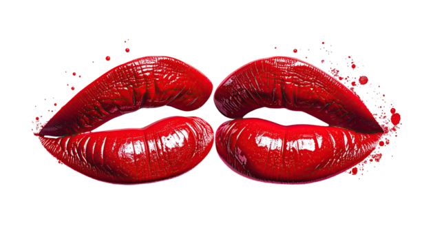 Glossy, red lips, semi-parted, on black with red splatter effects