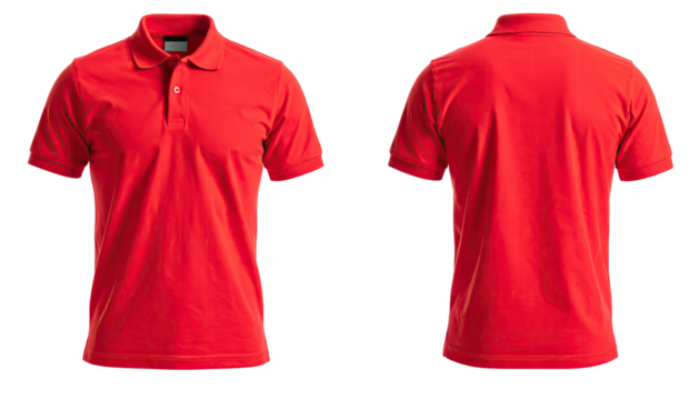 Red polo shirt, front and back view, on black