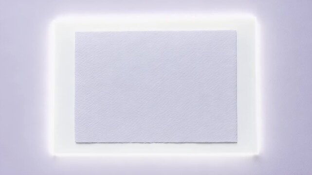Illuminated square frames a textured, lavender rectangular paper against a lavender background, soft light, minimal