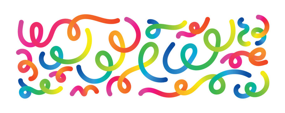 Abstract rainbow color gradient lines. 3D wavy ribbon shapes with bright flow and curve pattern. Vibrant squiggly waves on white background.