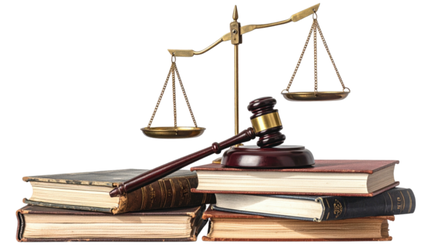 Law books, gavel, and balanced scales against a dark backdrop