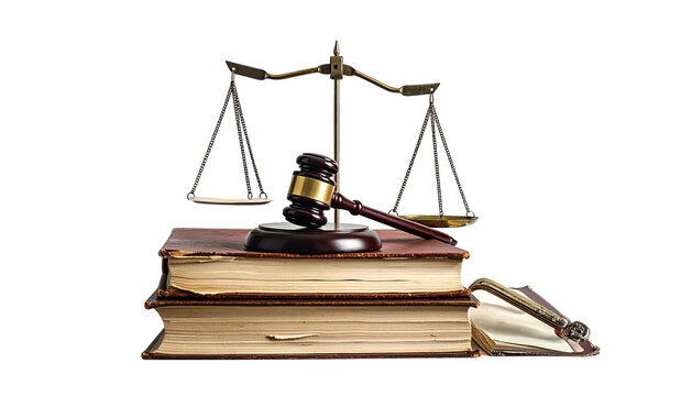 Gavel and scales resting atop stacked antique law books
