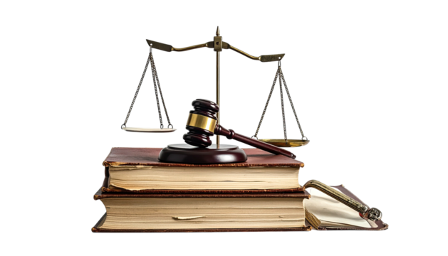 Gavel and scales resting atop stacked antique law books