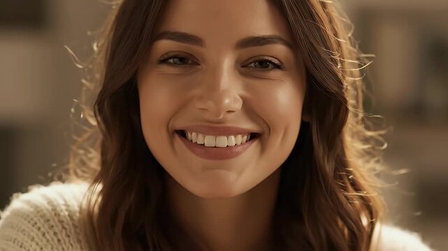 Portrait of a Smiling Young Woman with Long Brown Hair