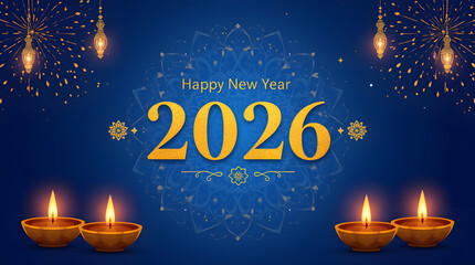 Happy New Year 2026 banner background with golden fireworks, deep blue backdrop, glowing diyas, and radiant festive energy.
