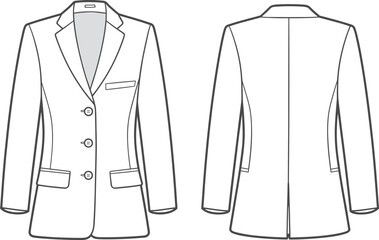Cad drawing flat vector illustration, tailored blazer technical sketch, fashion design template, garment construction, front and back view