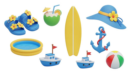Obraz premium Playful 3D Summer Vacation and Beach Essentials Set