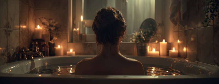 Back view of woman relaxing in bathtub surrounded by candles in cozy ambiance  