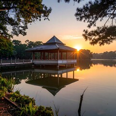 Fototapeta premium A picturesque gazebo at sunset, reflecting in a calm lake
