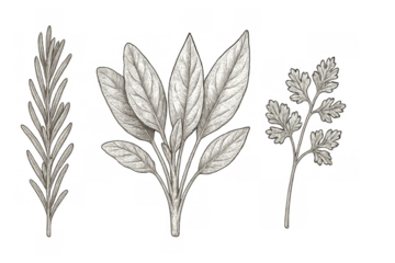 Botanical spices drawing: isolated rosemary, sage, and parsley vintage sketch on transparent background