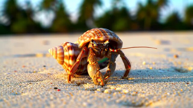 Small hermit crab with a patterned shell slowly walks across the bright sandy beach under natural light.