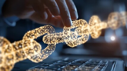Blockchain technology network concept illustrating a businessman interacting with virtual chains of data in a digital environment - Powered by Adobe