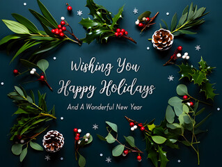 Elegant Holiday Greeting with Holly, Pinecones, and Eucalyptus on Dark Teal Background Happy Holidays