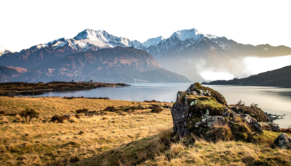 Mountain lake vista, grassy shore with rock