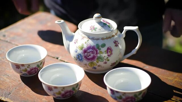 Porcelain teapot with floral pattern held over small matching cups on wooden surface