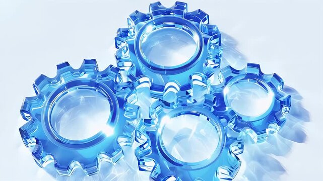 Four interlocked, transparent gears with a blue gradient sit against a white backdrop, casting soft shadows, creating a luminous effect