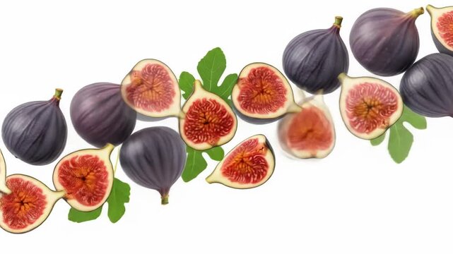 Arrangement of whole and halved figs with leaves on a white background