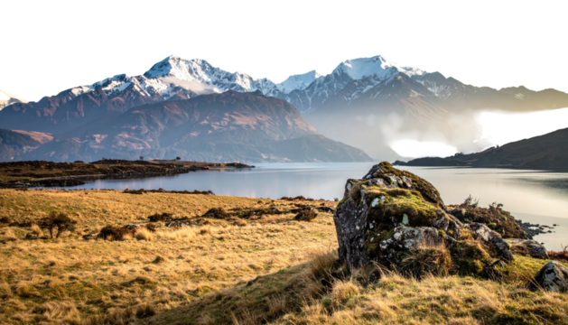 Mountain lake vista, grassy shore with rock