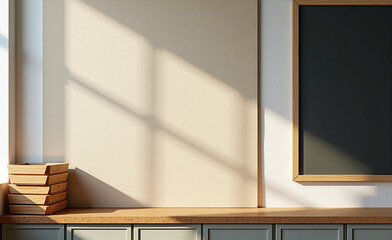 Minimalist interior with wooden boxes, blank wall panels, and sunlight casting soft window shadows across the surface.