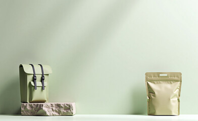 Minimal green composition with backpack and pouch on stone block, soft light and pastel background for modern product display.