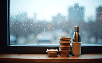 Rainy window view with reusable coffee cups and stainless steel bottle on wooden sill, cozy and sustainable morning atmosphere.