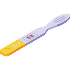 Digital isometric pregnancy test stick with yellow and white handle showing two red lines indicating positive result on transparent background