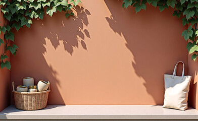 Wicker basket with jars and white tote bag on terracotta wall, sunlight and leaves creating natural shadows and summer mood.