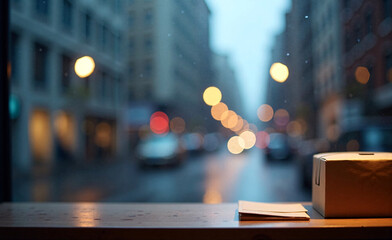 Rainy city evening seen through window with bokeh lights, paper box and envelopes on wooden sill creating cozy urban mood.