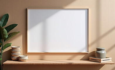 Modern interior with blank frame, decorative bowls, green plant, and ceramic jar on shelf in warm sunlight and soft shadows.