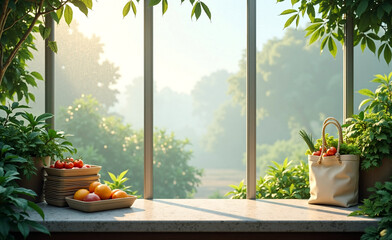 Fresh tomatoes and oranges on counter near window with morning sunlight, green plants and eco bag creating natural kitchen scene.