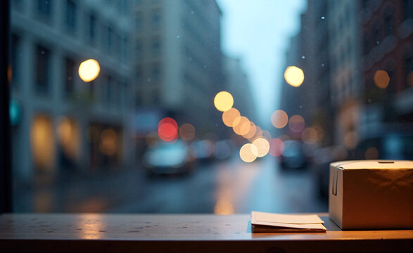 Rainy city evening seen through window with bokeh lights, paper box and envelopes on wooden sill creating cozy urban mood.