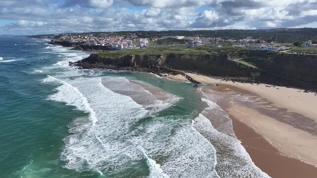 Big Beach At Sintra In Lisbon District Portugal. Beach Landscape. Nature Seascape. Travel Destination. Big Beach At Sintra In Lisbon District Portugal. Turquoise Water.