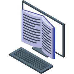 Digital Book Emerging From Computer Monitor Screen With Keyboard In Isometric View On Transparent Background Representing Online Education And E-Learning Concepts