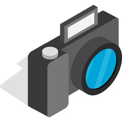 Digital Camera With Pop Up Flash And Blue Lens In Isometric View With Black Shadow
