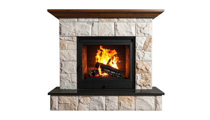 Stone fireplace warms with flames, black door, wood mantel, cozy