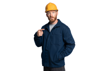 Confident construction worker in a yellow hard hat and blue jacket, pointing at something, isolated on transparent background